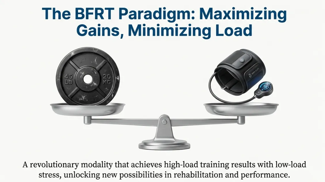 Blood flow restriction training BFRT paradigm illustrated with balanced scale comparing maximum muscle hypertrophy gains from lightweight 20 kilogram weight plate versus heavy mechanical load, showing smart pneumatic occlusion cuff achieving similar anabolic response with minimal joint stress through metabolic stress and cellular swelling mechanisms