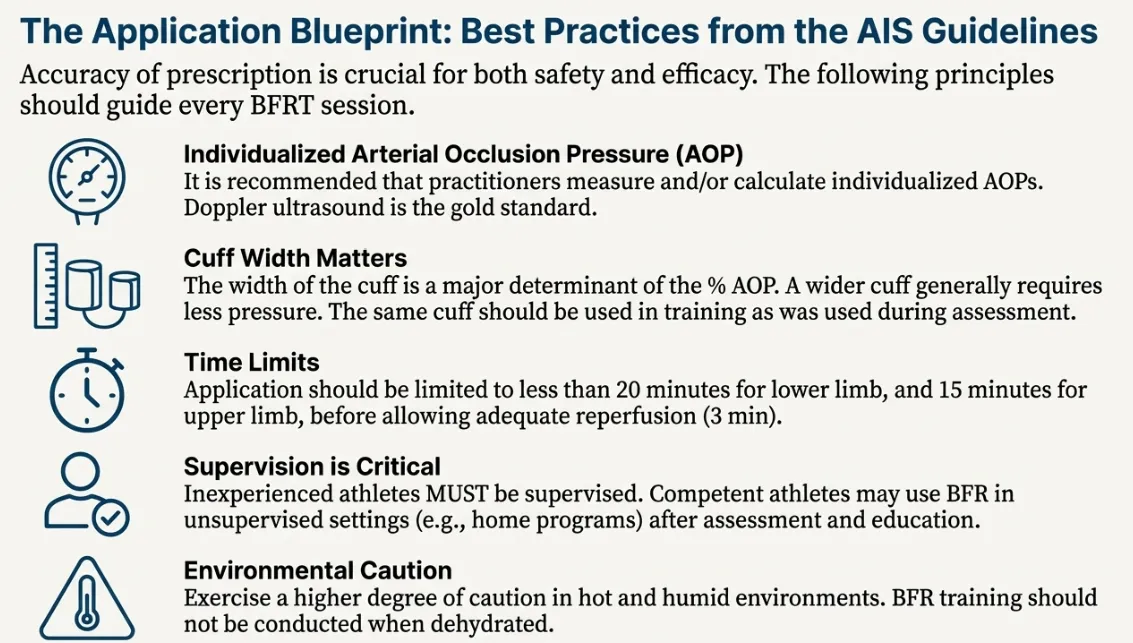 Australian Institute of Sport AIS blood flow restriction training BFRT application blueprint comprehensive safety guidelines showing individualized arterial occlusion pressure AOP limb occlusion pressure LOP measurement protocol using Doppler ultrasound or automated tourniquet system, evidence-based cuff width requirements wide pneumatic cuffs 5-13cm minimum for safety lower required pressures, time duration limits maximum 5-10 minutes continuous occlusion preventing ischemic damage, mandatory practitioner supervision qualified healthcare professional oversight, environmental precautions heat stress dehydration altitude considerations for safe BFRT implementation