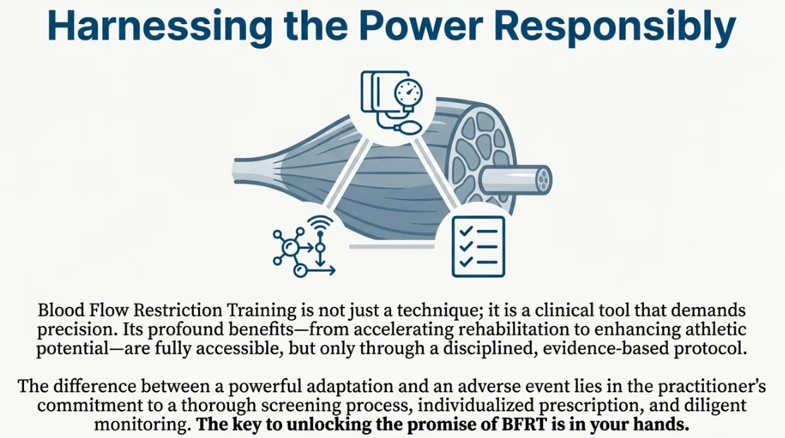Harness blood flow restriction training BFRT power responsibly illustrated guide emphasizing disciplined evidence-based clinical protocols comprehensive pre-participation screening contraindication assessment risk stratification tools Caprini IMPROVE scores, individualized pressure prescription based on measured arterial occlusion pressure AOP limb occlusion pressure LOP percentage calculations cuff width requirements, diligent real-time monitoring cardiovascular neurological limb-specific symptoms immediate stop criteria emergency protocols, achieving maximum muscle hypertrophy strength rehabilitation benefits with minimal adverse event risk through professional implementation qualified practitioner supervision patient safety prioritization