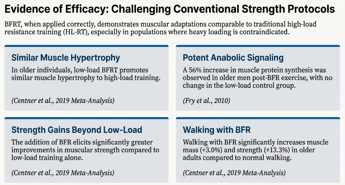 Scientific evidence infographic presenting peer-reviewed research studies demonstrating blood flow restriction training BFRT efficacy matching traditional high-load resistance training for muscle hypertrophy gains, anabolic signaling pathway activation mTORC1 muscle protein synthesis, maximal strength improvements, and aerobic walking performance enhancements with low-load occlusion training protocols cited from sports medicine journals