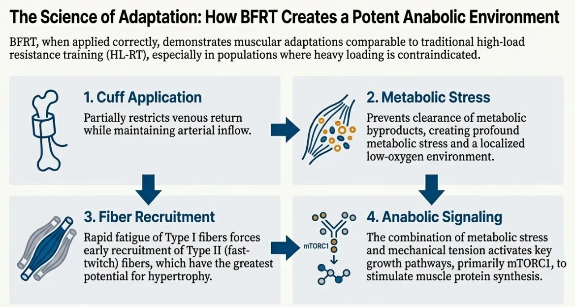 Four-stage blood flow restriction training BFRT adaptation process flowchart diagram showing sequential physiological mechanisms: stage one pneumatic occlusion cuff application restricting venous outflow maintaining arterial inflow, stage two metabolic byproduct accumulation lactate hydrogen ions creating localized hypoxia low-oxygen environment, stage three accelerated muscle fiber recruitment Type I slow-twitch fatigue triggering Type II fast-twitch activation, stage four anabolic signaling cascade mTORC1 pathway muscle protein synthesis satellite cell proliferation