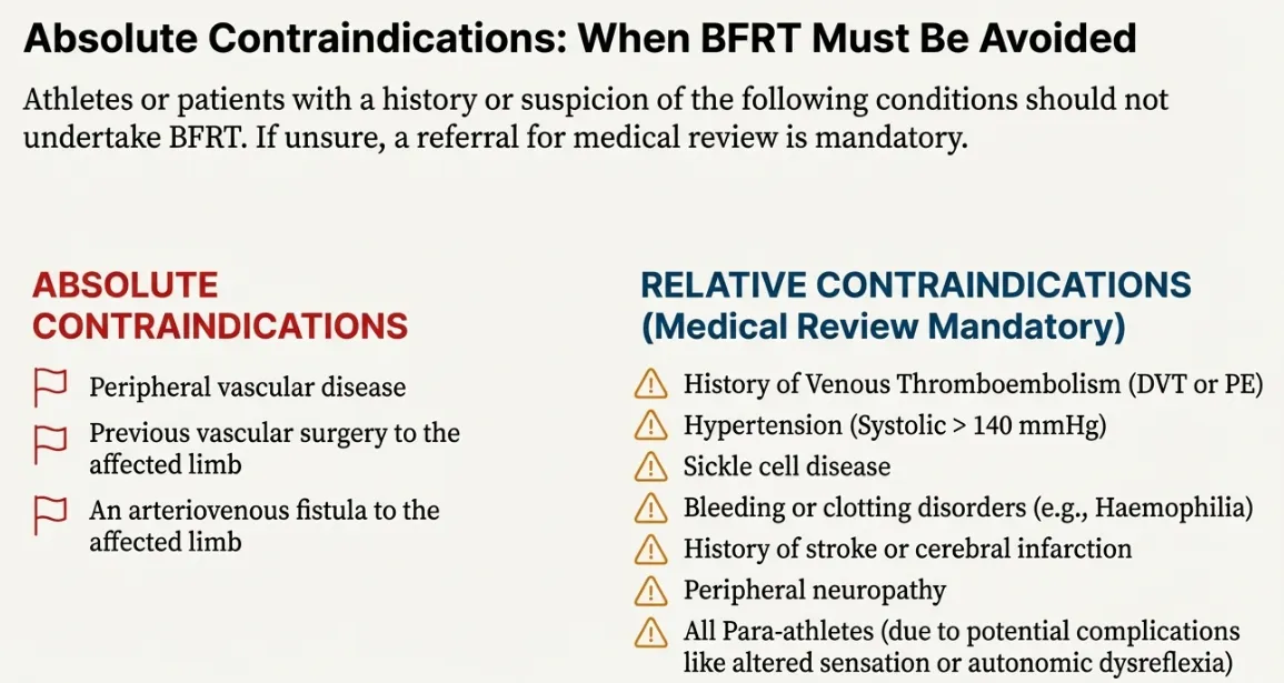 Blood flow restriction training BFRT absolute and relative contraindications clinical decision chart with red prohibition icons for absolute contraindications no BFRT including personal history deep vein thrombosis DVT pulmonary embolism PE known hereditary clotting disorders thrombophilia Factor V Leiden severe uncontrolled hypertension blood pressure over 180/110 open wounds infections active cellulitis at cuff site, yellow caution warning icons for relative contraindications requiring physician medical clearance including cardiovascular disease history myocardial infarction stroke peripheral arterial disease PAD pregnancy postpartum period varicose veins lymphedema cancer treatment peripheral neuropathy diabetes complications