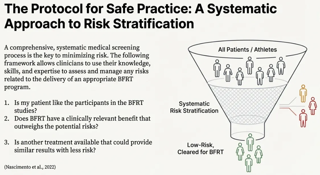 BFRT blood flow restriction training risk stratification funnel diagram illustrating systematic five-stage athlete patient screening protocol process filtering candidates through initial intake medical history questionnaire review identifying contraindications DVT PE clotting disorders, thrombosis risk factor assessment Caprini IMPROVE scoring tools, cardiovascular comorbidity evaluation diabetes hypertension screening, clinical physical examination limb assessment vascular status neurological testing, final clearance decision tree categorizing low-risk green light standard protocols, moderate-risk yellow modified parameters enhanced monitoring, high-risk red contraindicated physician supervision required