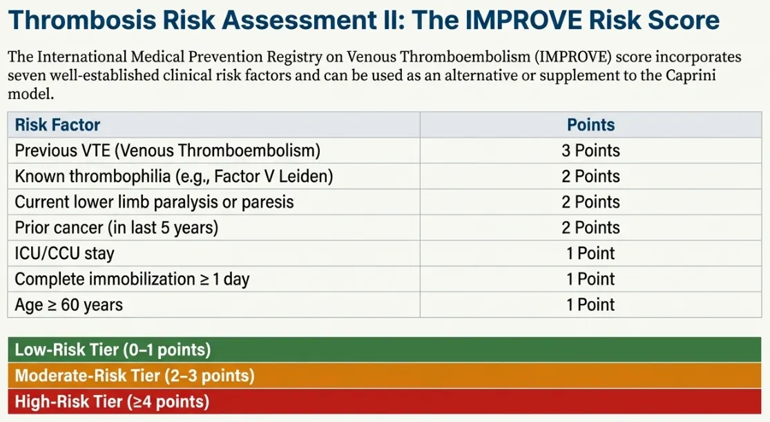 IMPROVE venous thromboembolism VTE risk prediction score comprehensive assessment table with color-coded risk stratification tiers low moderate high showing detailed point value assignments for clinical factors including prior VTE history known thrombophilia hereditary clotting disorders, immobility reduced mobility bedrest, active malignancy cancer diagnosis, intensive care unit ICU admission critical illness, age over 60 years, with cumulative score interpretation guiding blood flow restriction training BFRT safety screening and medical clearance requirements