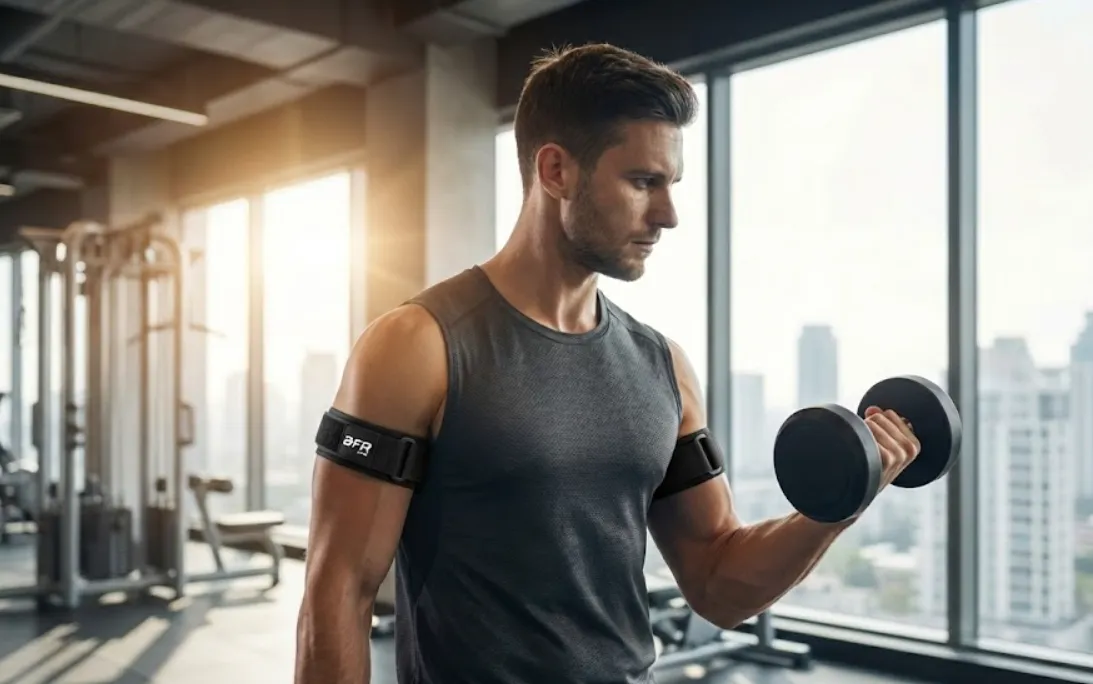 Professional athlete performing bicep curl exercise with BFR blood flow restriction training cuffs on arms