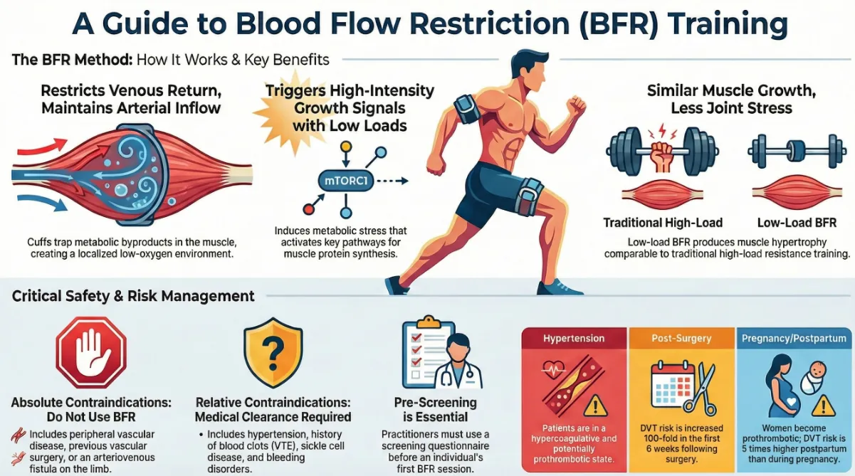 Complete guide to blood flow restriction BFR training showing how it works, key benefits including muscle growth with low loads, safety contraindications, and risk management for hypertension, post-surgery and pregnancy