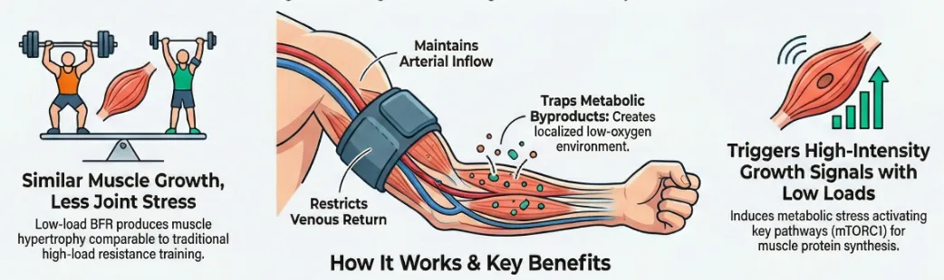 How BFR cuffs work diagram showing blood flow restriction mechanism - maintains arterial inflow, restricts venous return, traps metabolic byproducts to trigger high-intensity muscle growth signals with low weight loads